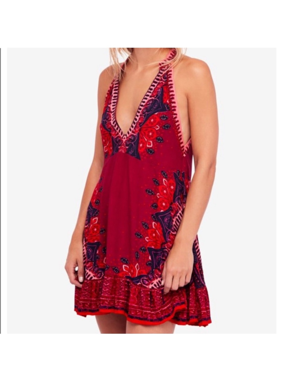 Free People Red Paisley Deep V Mini Dress
